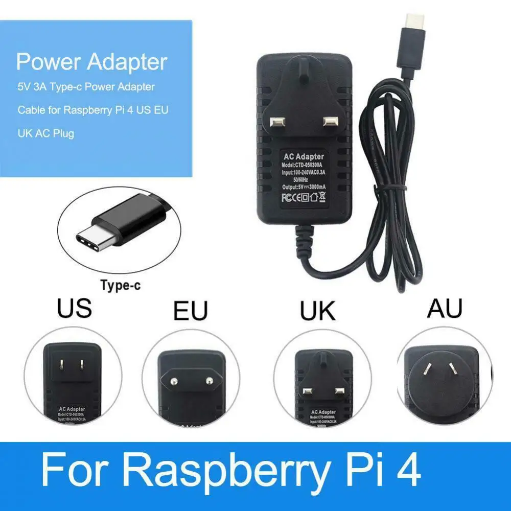 

Raspberry Pi 4B Generation Power Cord 5V 3A Type-c Power Adapter For Raspberry AC/DC Adapters Power Management