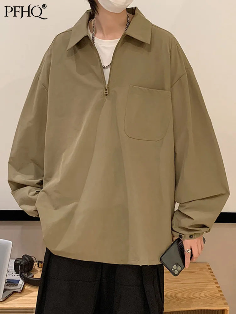 

PFHQ Men's Shirts Solid Color All Match Tops Autumn Man Long Sleeve Clothing Patchwork Zipper Trend Minority Blouse 2022