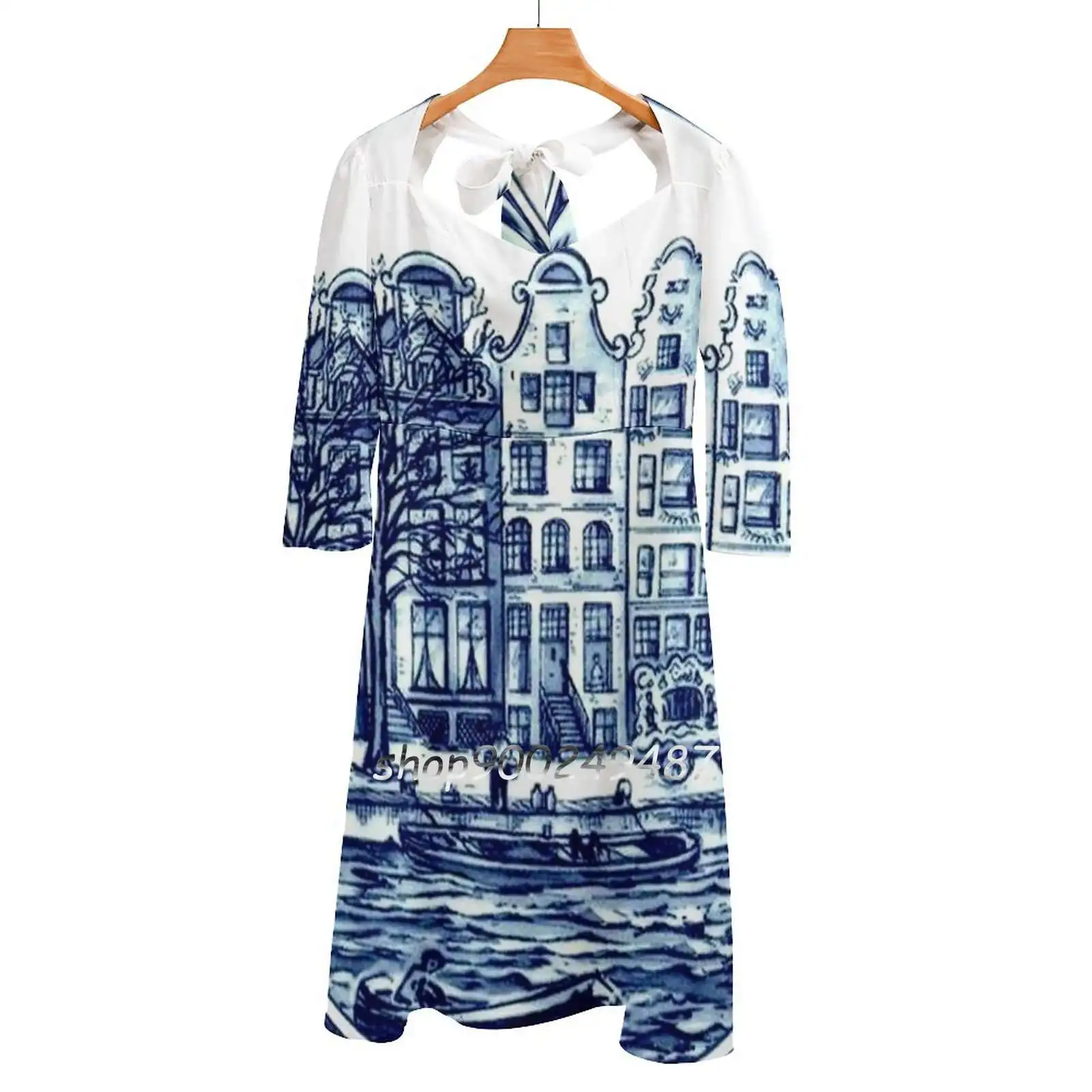 

Dutch Blue Delft : Vintage Boats In Canal Print Square Neck Dress Cute Loose Print Dresses Elegant Beach Party Dress Dutch Blue