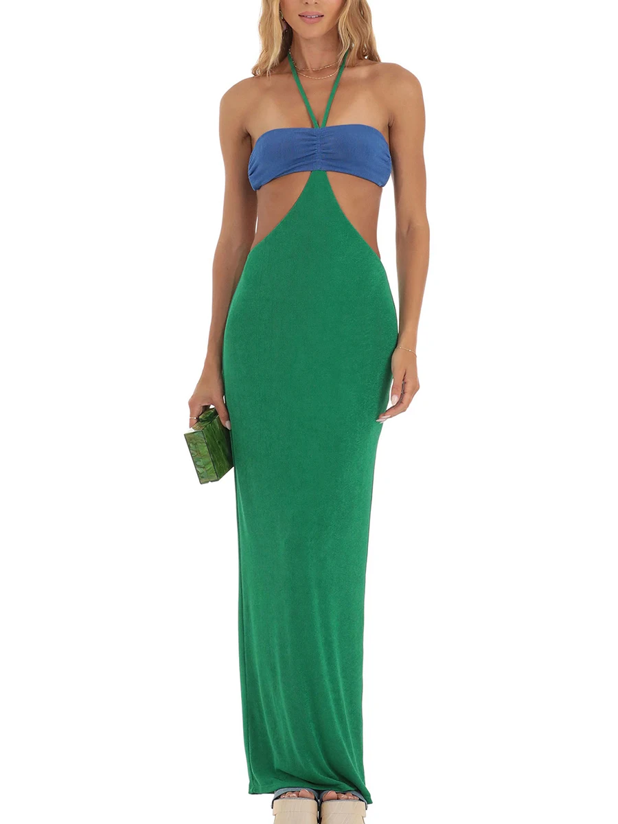 

Women Cutout Halterneck Split Bodycon Maxi Dress Sleeveless Backless Contrast Color Tie Up Long Dress Party Beachwear