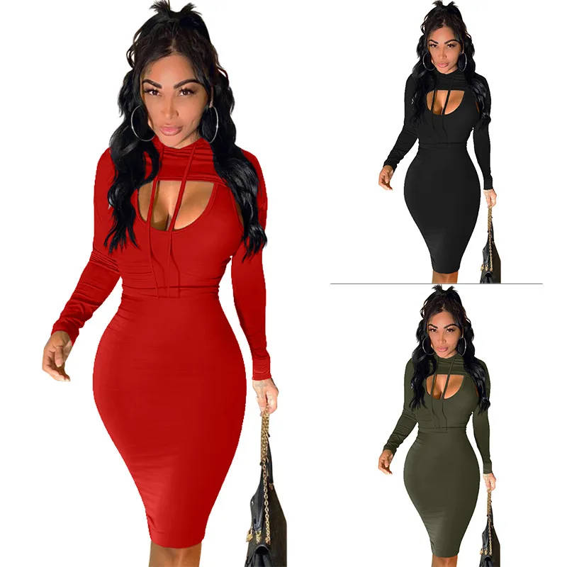 

New Women Sexy Long Sleeves Dress Night Club Women Long Dress Solid Color Autumn Dress Ladies Hollow Out Clothes