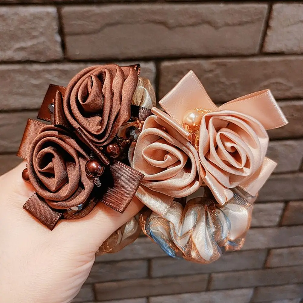 

Pearl Temperament Rose Hair Band Rhinestone Female Hair Rope Korean Style Scrunchies Ponytail Rubber Band Headwear