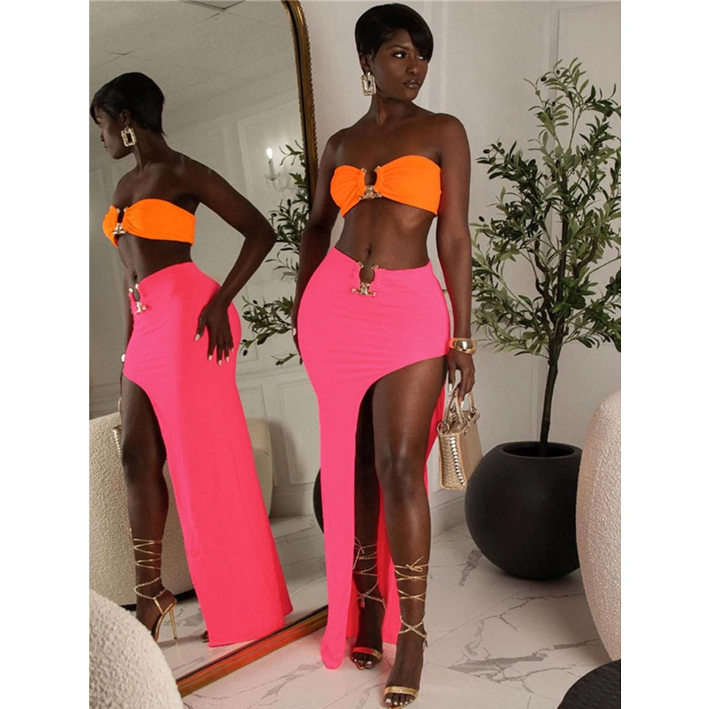 Gtpdpllt 2022 Summer New Women Two Pieces Set Dresses Fashion Crop Tops And Long Skirt Suit Ladies Party Night Club Dress
