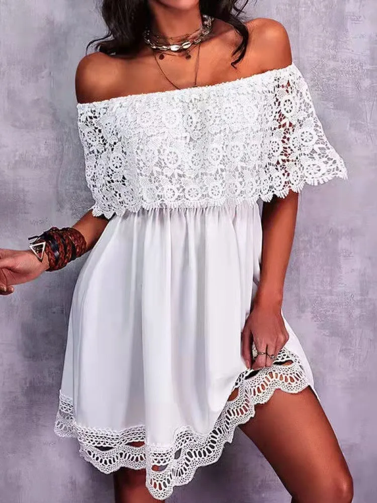 

Women Off Shoulder Elegant Solid Dress Casual Ladies Sleeveless Backless Sexy Dress 2022 Fashion Patchwork Lace Party Mini Dress
