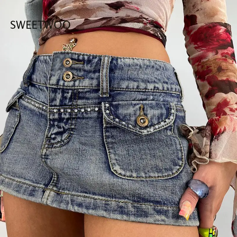 

2022 New Vintage Denim Mini Skirts Y2K Aesthetic Korean Cute Low Waist Skinny Wrap Bodycon Jeans Pencil Skirt Women Streetwear