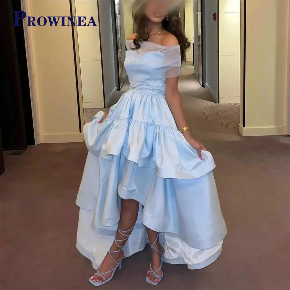 

PROWINEA Sky Blue Satin Evening Dress For Women Tiered Skirt Saudi Arabia Off The Shoulder Formal Prom Dress Robes De Soirée