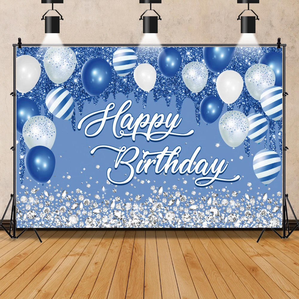 Vinyl Backdrop Blue Gold Balloon Happy Birthday Party Diamond Dots Customized Poster Baby Kid Banner Background For Photo Studio images - 6