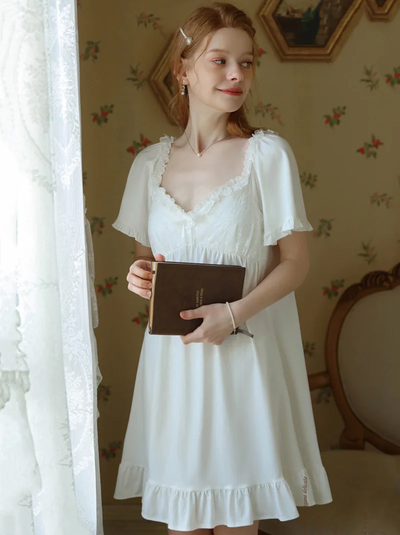 Women Summer Cotton Pajamas Nightdress French Fairy Short Sleeve V-neck Sweet Ruffles Princess Vintage Loose Victorian Sleepwear