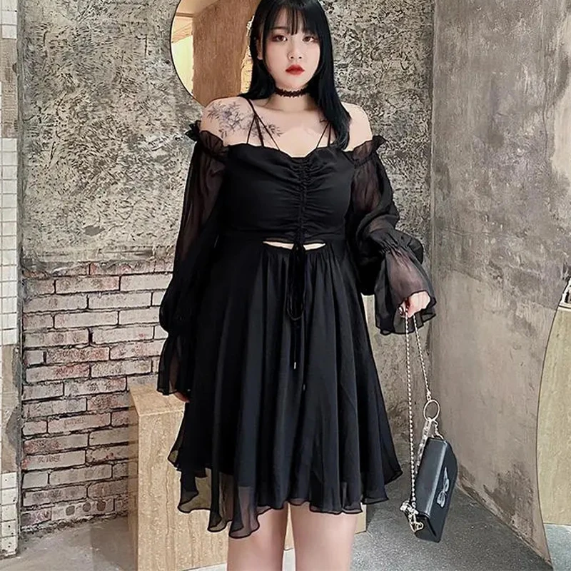 Женское шифоновое платье с открытыми плечами черное свободное Повседневное