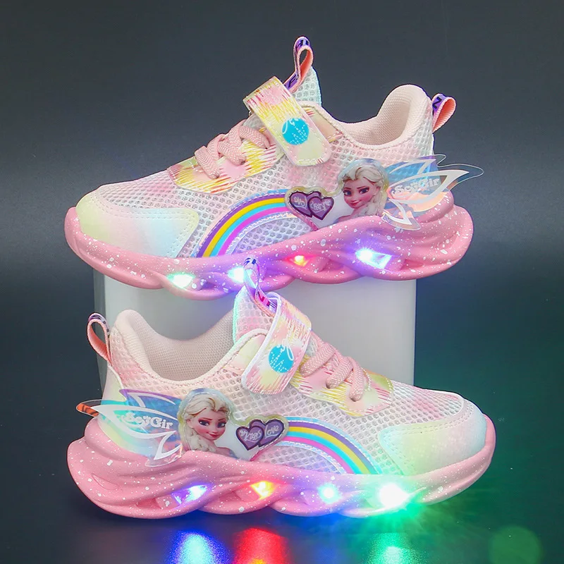 Disney Cartoon Frozen Girls Casual Shoes LED Light Up Sneakers Elsa Princess Shoes Baby Toddler Shoes Girl Present Free Shipping