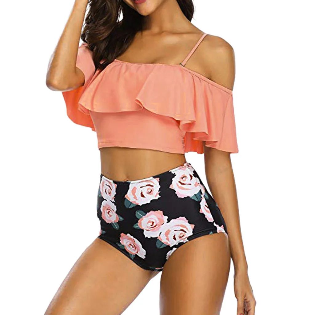 

Sexy Bikini 2023 Pleated Bandeau Low Waist Ruffled Swimming Bra Vintage Sexy Printed Monokini 2 Pieces Beach Wear Biquini Girls