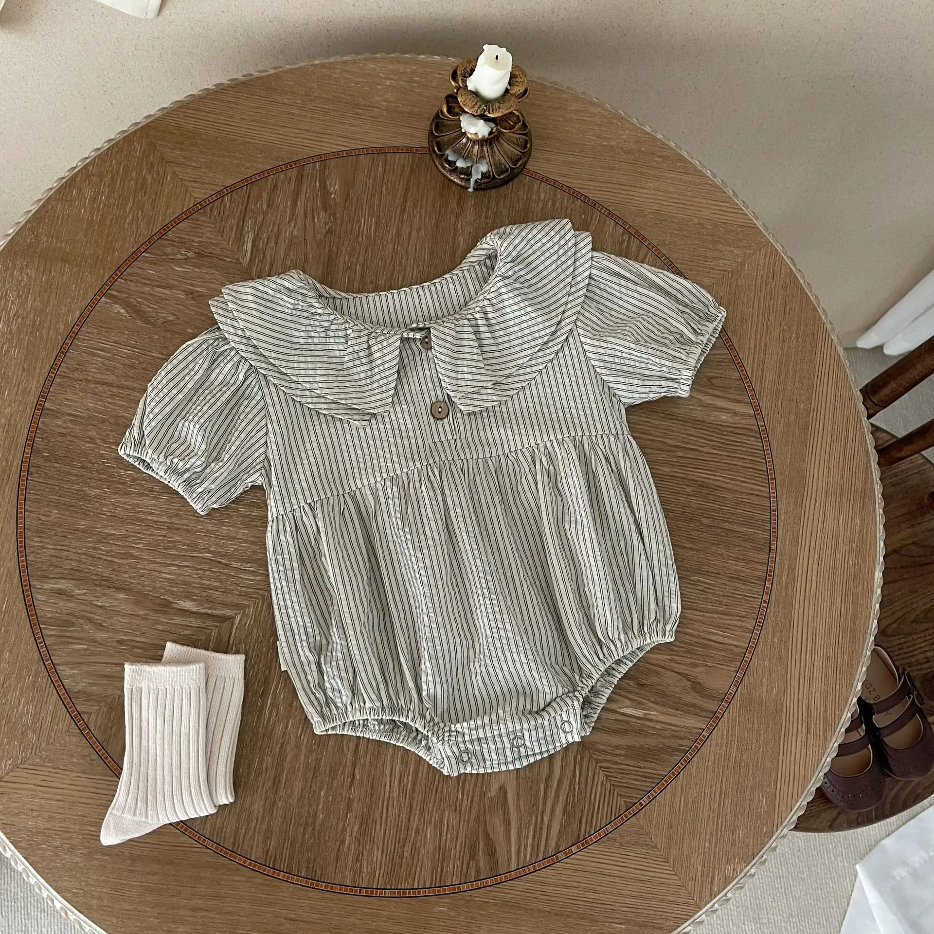 

Летняя детская одежда для маленьких девочек, Двухслойное боди с воротником в виде листьев лотоса и коротким рукавом, хлопковый комбинезон на двух пуговицах для маленьких девочек