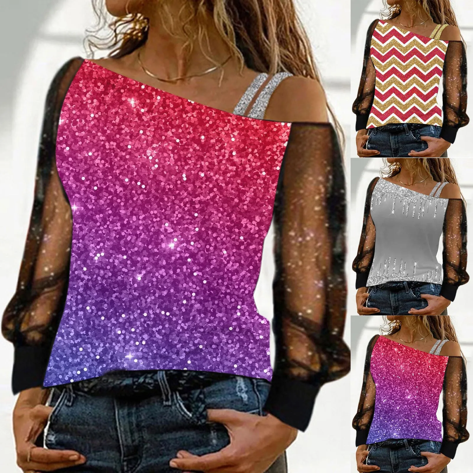 

Women Fashion Print Cold Shoulder T Shirt Mesh Long Sleeve Spliced Blouse Tops Stylish Womens Tops Graphic Summer Tee