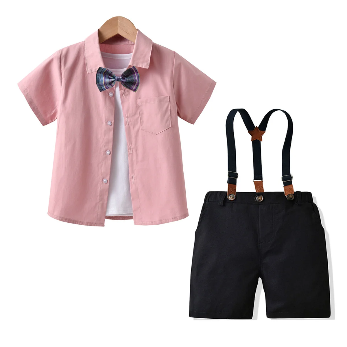 

Children's Summer Shirt Suit Boy's British Bow Tie Dress Suit Baby's Pajamas Gentleman's Suspenders Pants Fashion