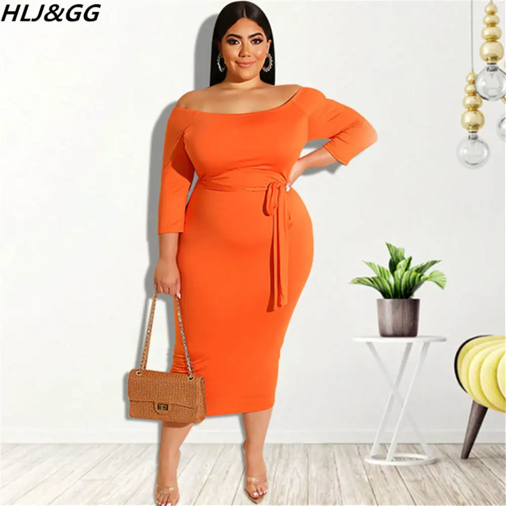 

HLJ&GG Casual Solid Color Off Shoulder Mid Dresses Plus Size Women Long Sleeve Lace Up Bodycon Dress Vestidos Fall Dropshipping