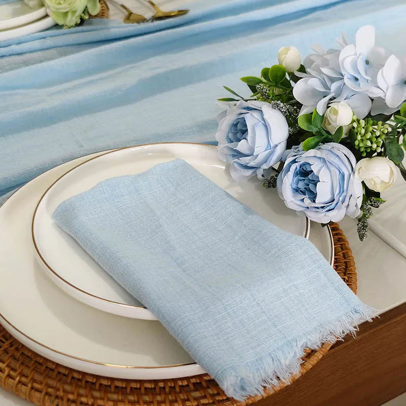 

24pcs light bule lovely cotton tea towel for dinner table 100% natural washable fray edge cheesecloth napkins