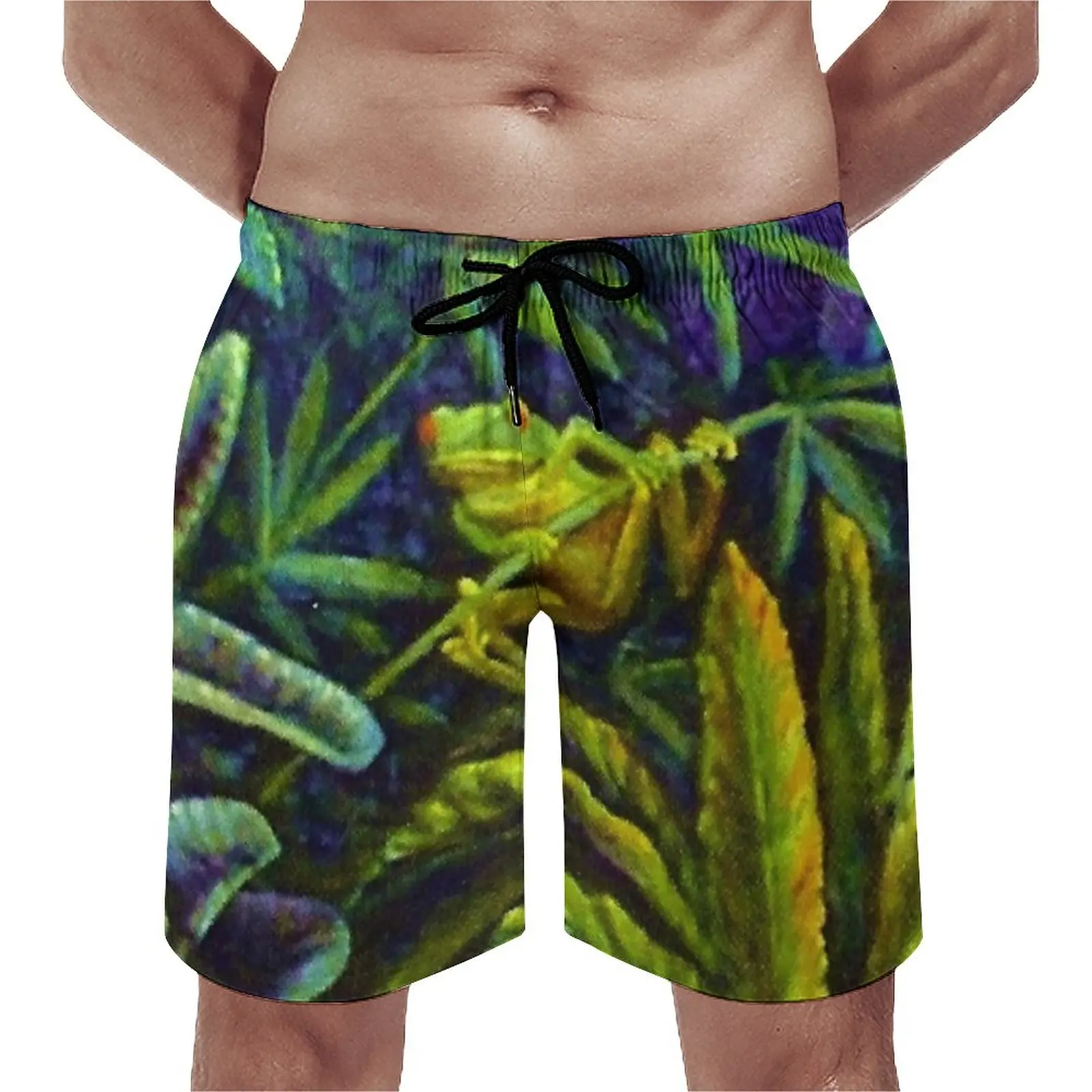 Tree Frog Board Shorts Red Eyed Green Tropical Frogs Jungle Men's Pattern Board Short Pants Trenky Design Swimming Trunks