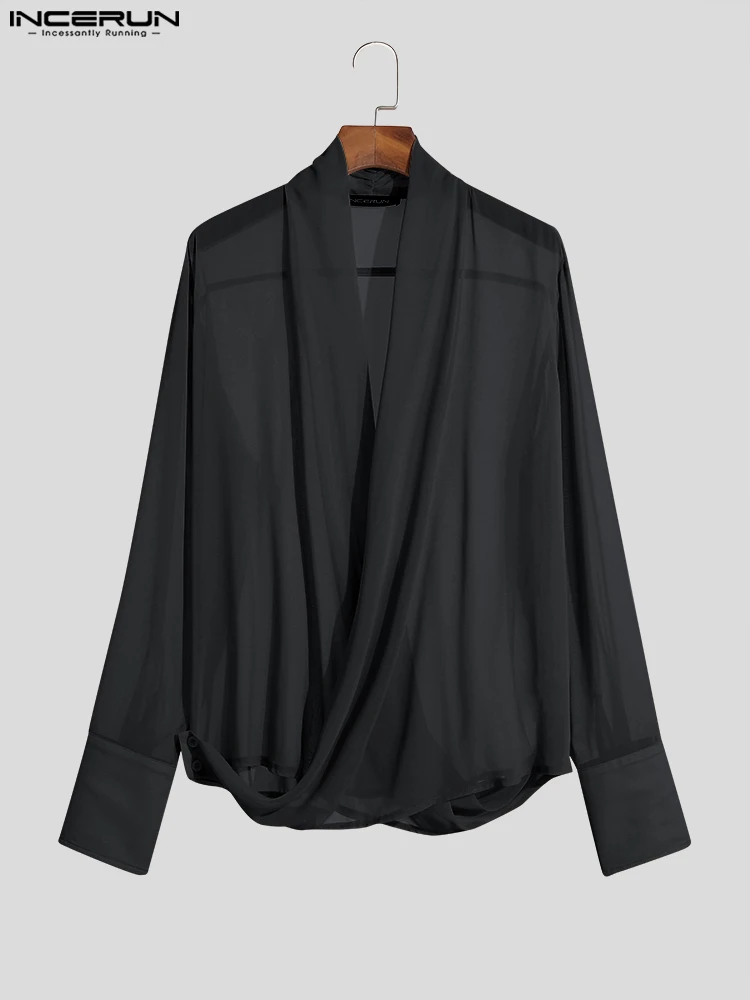 INCERUN Tops 2023 American Style New Men's Fashion Bright Stripes Pile Blouse Casual Solid Color Cross Long Sleeve Shirts S-5XL