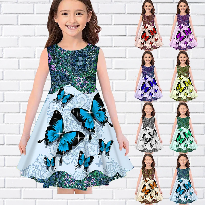 

Dresses New Sale Butterfly Print Summer Sleeveless Girl Dress Casual O-Neck Long Dress Fashion Girls Dresses For Eid Kid Clothes