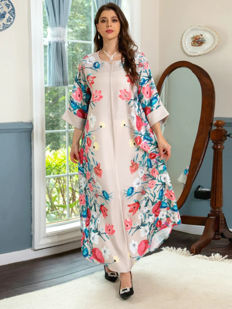 Saudi Women Abayas Retro Floral Print Beading O-Neck Long Dresses 2023 Spring Summer Casual Party Chic Dress Elegant Robe