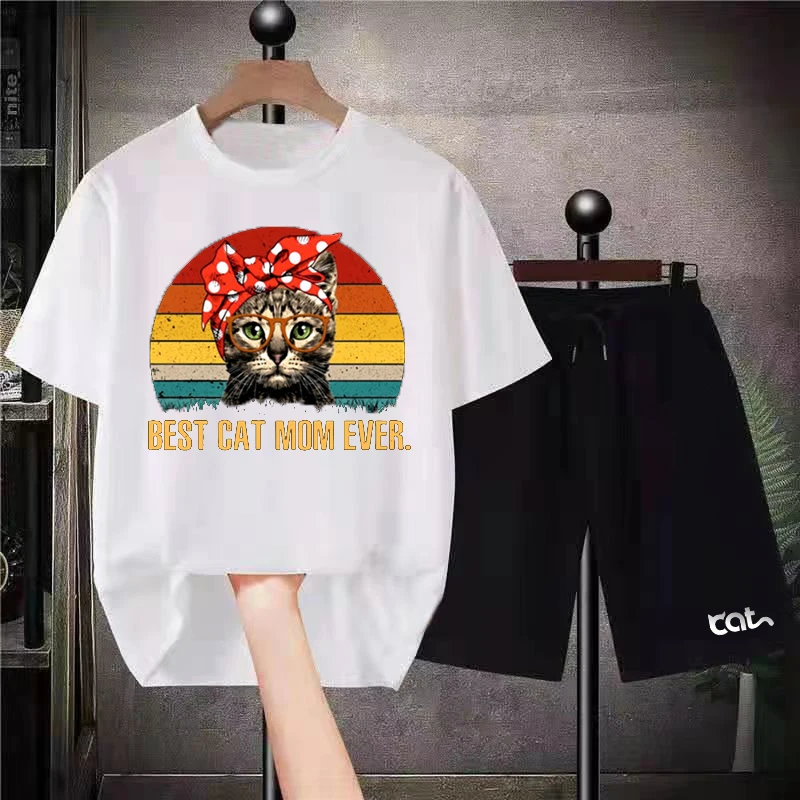 Best Cat Mom Ever Print T-shirt Shorts Suit 2 Piece Set Men's Sportswear Short Sleeve Clothing Cute Cartoon Kitten Sweatshirt