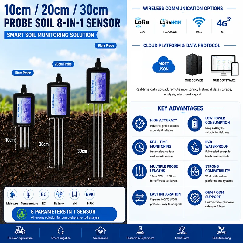 Фото Датчик влажности почвы, NPK, EC, температуры, влажности воздуха, солености и pH RS485 MODBUS 8-в-1 с системой MQTT JSON для ирригации сельскохозяйственных угодий №4