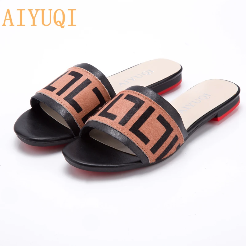 

AIYUQI Womens Designer Slides Genuine Leather 2022 New Summer Flat Women Slides Mohair Large Size Outdoor Slippers Women