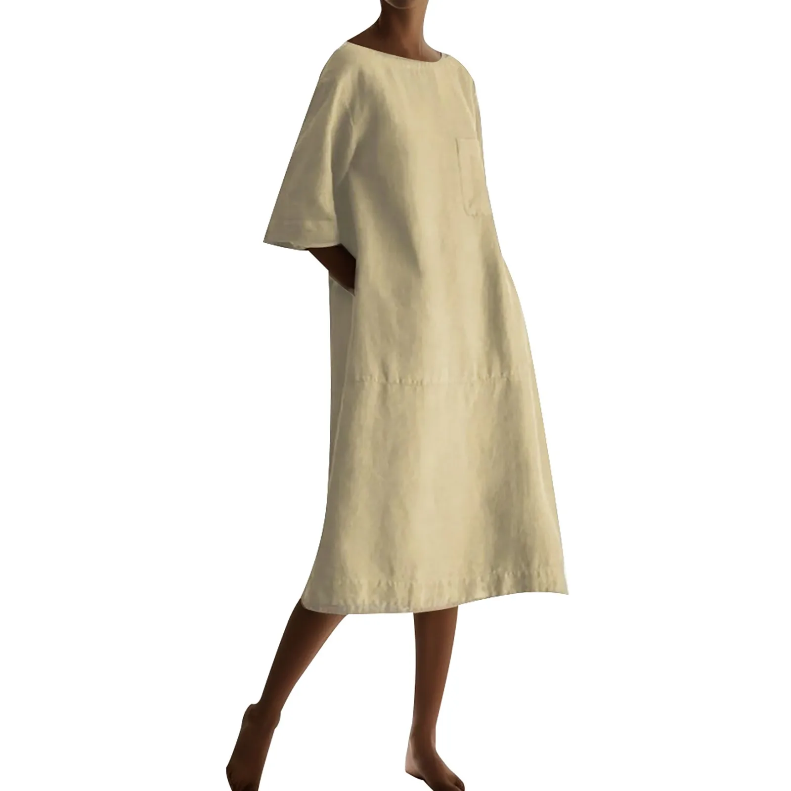 

Женское элегантное платье из хлопка и льна с коротким рукавом, приталенное винтажное однотонное свободное женское платье средней длины в простом стиле