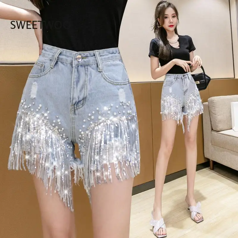 

2022 New High Waist Denim Shorts for Women Summer Loose Crystal Tassel Shorts Vintage Casual Female Solid Color Short Jeans