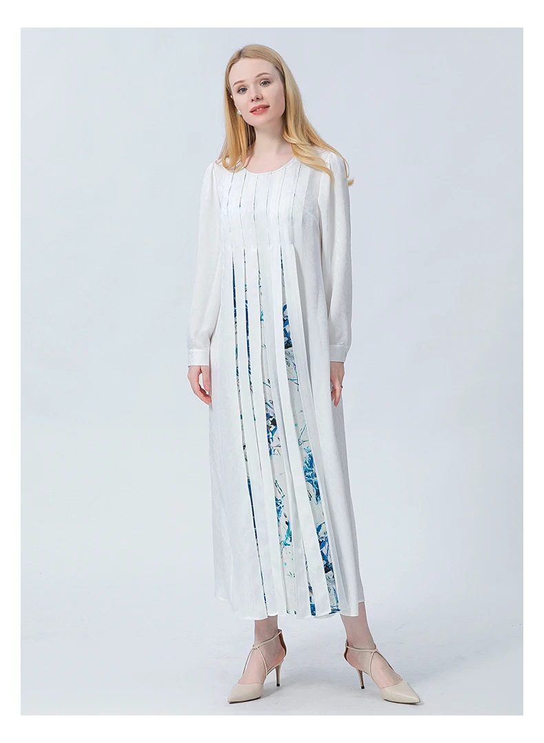 

Шелковое жаккардовое белое платье цвета слоновой кости с круглым вырезом и длинными рукавами, плиссированное готическое свободное платье ...