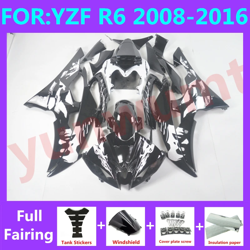 

Полный комплект обтекателей для мотоцикла, подходит для YZF R6 2008 2009 2010 2011 2012 2013 2014 2015 2016, цвет черный, белый