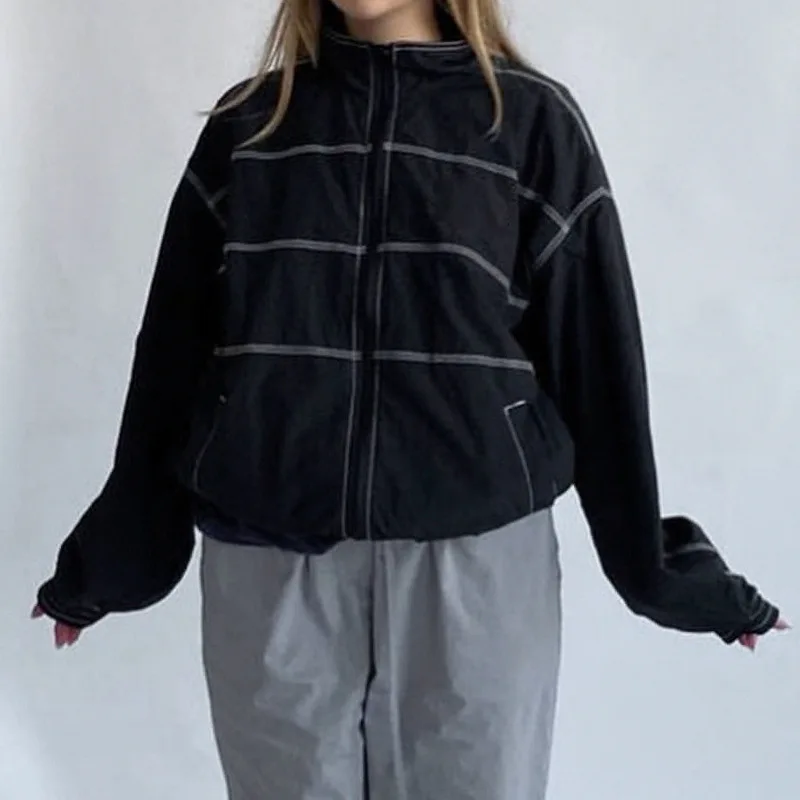 

Casual Coats jeans jacket Autumn Streetwear Contrast Stripe Black Stitching Bomber Jackets Women Cargo Style Zipper Stand Collar
