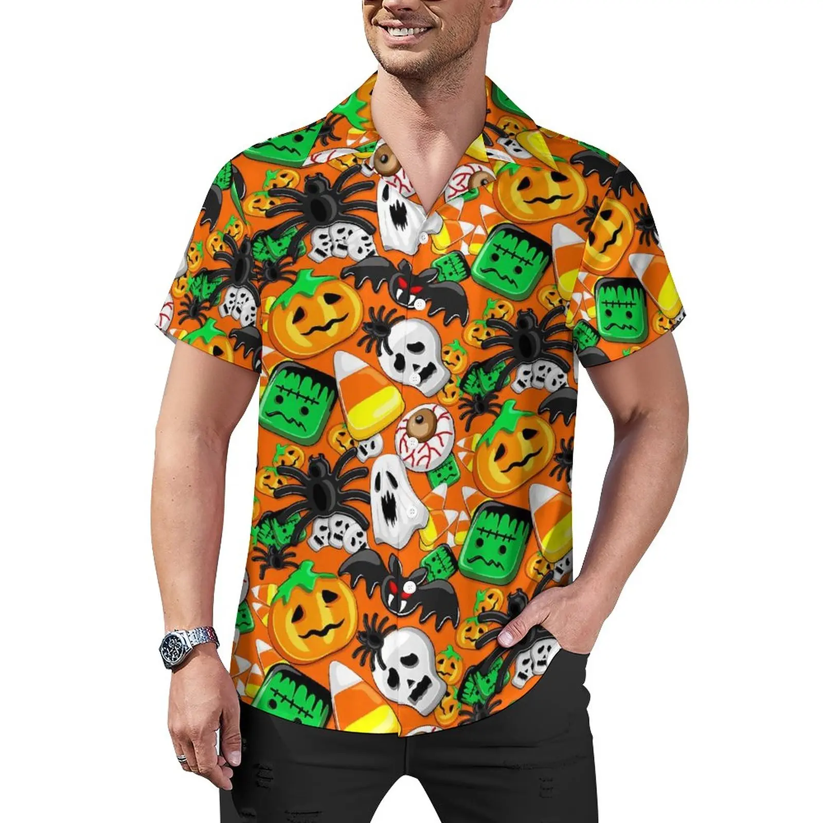 

Halloween Spooky Loose Shirt Mens Vacation Cute Pumpkin Casual Shirts Hawaii Graphic Short Sleeves Street Style Oversize Blouses