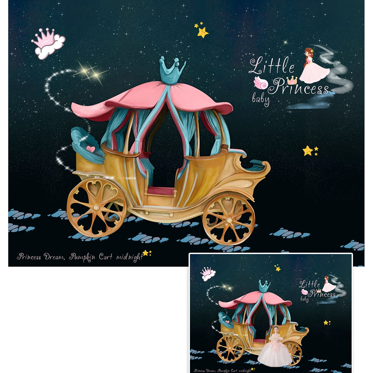 

Customized Birthday Party Banner Backdrop Cartoon Dream Princess Night Pumpkin Cart Photography Background for Newborn Girl Kids