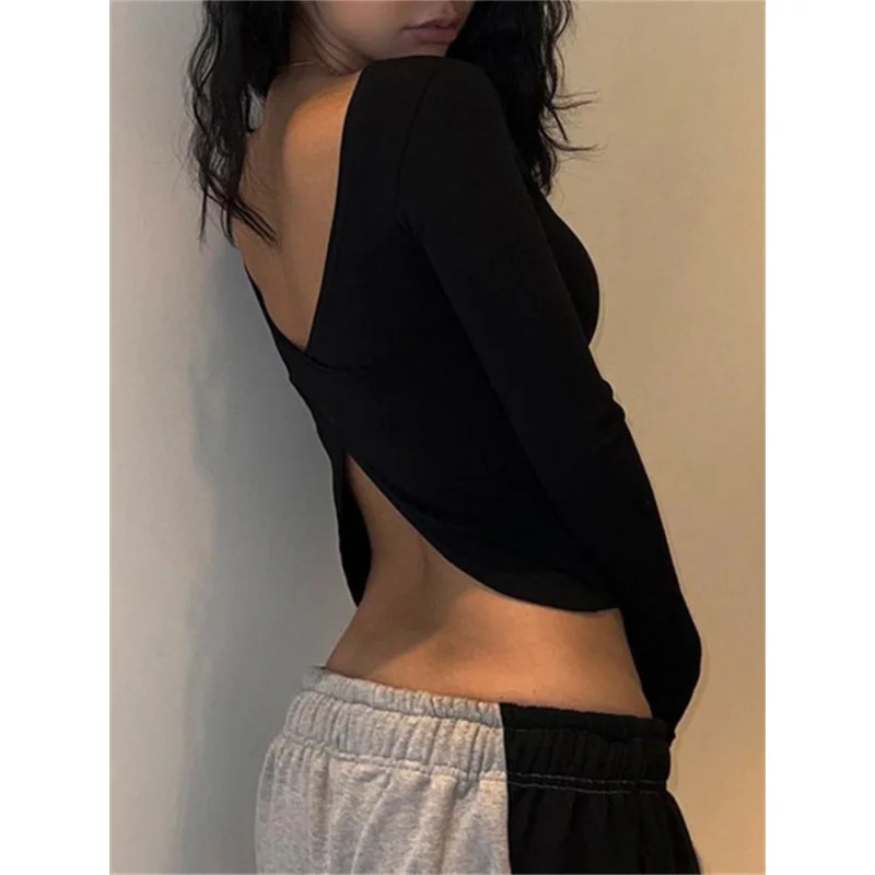 

OLOME Backless Criss-cross Black Long Sleeve T-shirts Base Tops Streetwear 2023 Spring Fall Slim Fit Female Tees Streetwear