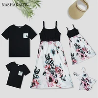 summer family matching clothes mom and me blacknavy blue sling print maxi dress dad son t shirt casual matching family outfits