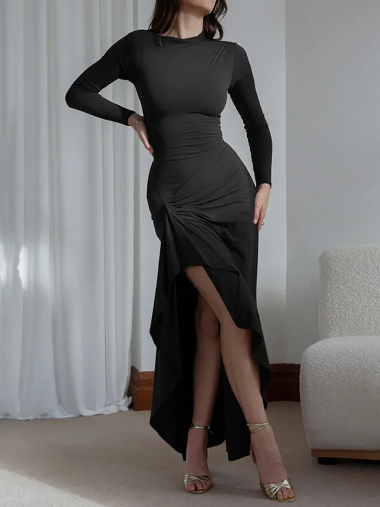 LangMao сексуальное платье макси со шнуровкой до бедра и длинными рукавами для