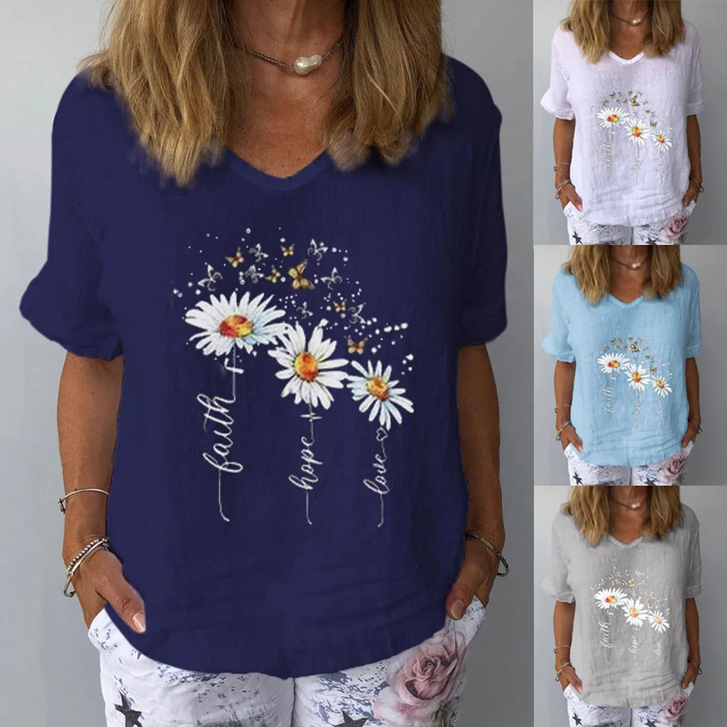 

Womens Super Soft Tee Shirts Women's Casual Print Cotton And Linen O-Neck Short Sleeves T-Shirt Blouse Tops Fitted T Shirt