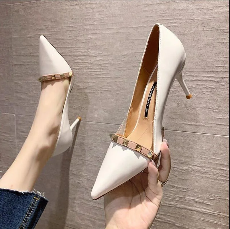 

Patent Leather Sexy Heels Shoes Pointed Toe Rivet Super High Heels white Pumps Women Dress Shoes Stilettos 2022 New Fashion