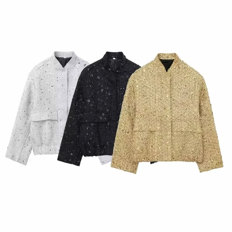 Женская короткая куртка с блестками и воротником-стойкой