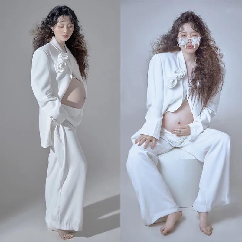 2PCS Set Maternity Dresses For Photo Shoot Pregnant Woman Photo Suit Dress Fashion Theme Art Photo Studio Dress Coat + Pants New