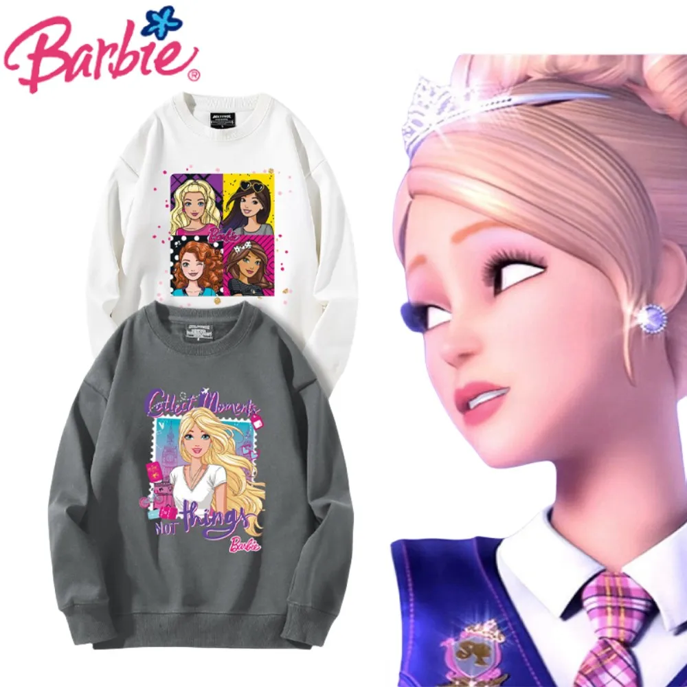 

Miniso серия Барби аниме кавайная девочка свитер совместный бренд круглый воротник плюшевый Подходит универсальный чистый хлопок крутой детский пуловер