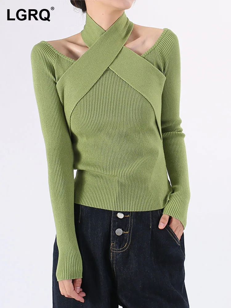 

LGRQ Fashion Women's Knitwears New Solid Long Sleeve Hollow Out Irregular Halter Knitting Sweater Female Winter 2022 19J2955