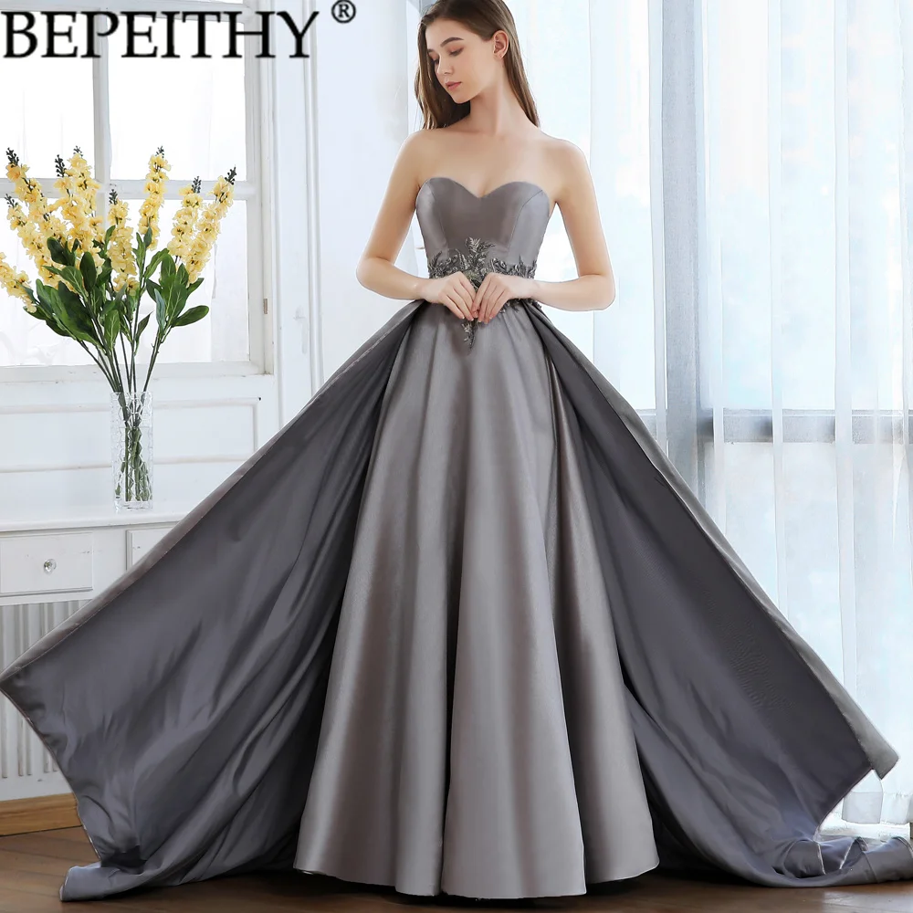 

BEPEITHY Vestido De Festa Sexy New Design Sweetheart Sleeveless Prom Gown Long Grey Appliques Court Train Evening Dresses 2022