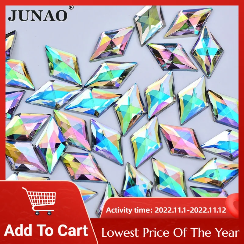 

JUNAO 100Pcs 11*18mm Crystal AB Rhombus Shape Rhinestones Acrylic Crystal Stones Non Hotfix Strass Beads For Dress Decoration