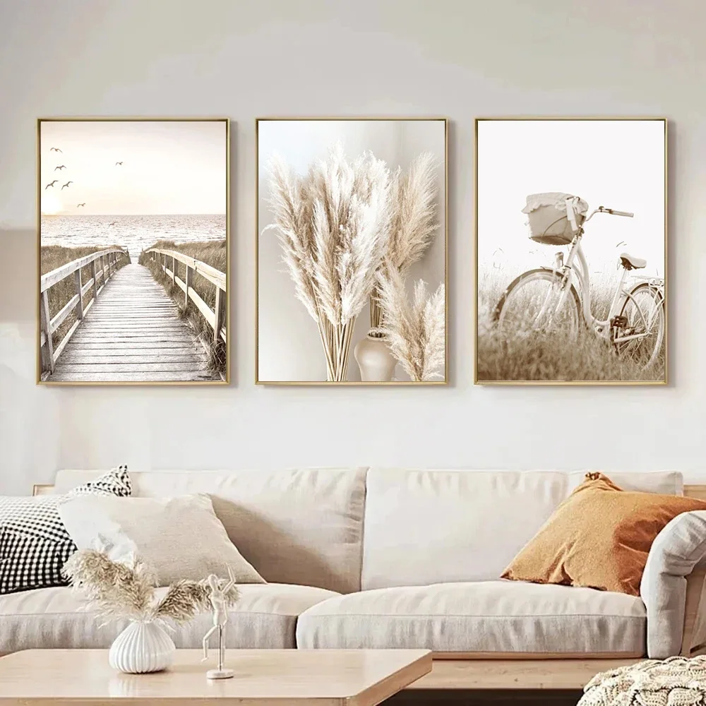 Beige Flower Grass Landscape Canvas Painting Dandelion Reed Wall Art Beach Scenery Posters And Prints Pictures Living Room Decor