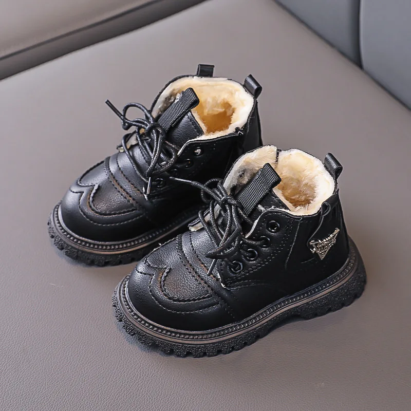 

Winter Cotton-padded Boots New Children Martin Boots Thick Plush Short Yellow Boots Children's Casual Shoes Black
