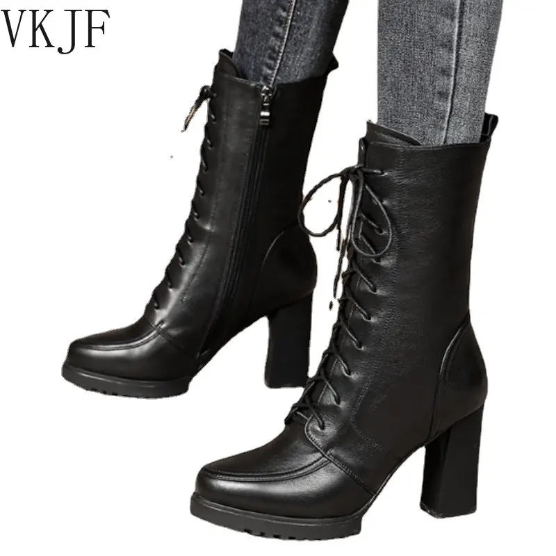 

2022 Autumn Winter High Quality Leather Boots Women's High Heel Knee-High Boots Boots Winter Lace Up Anti-slip Warm Boots