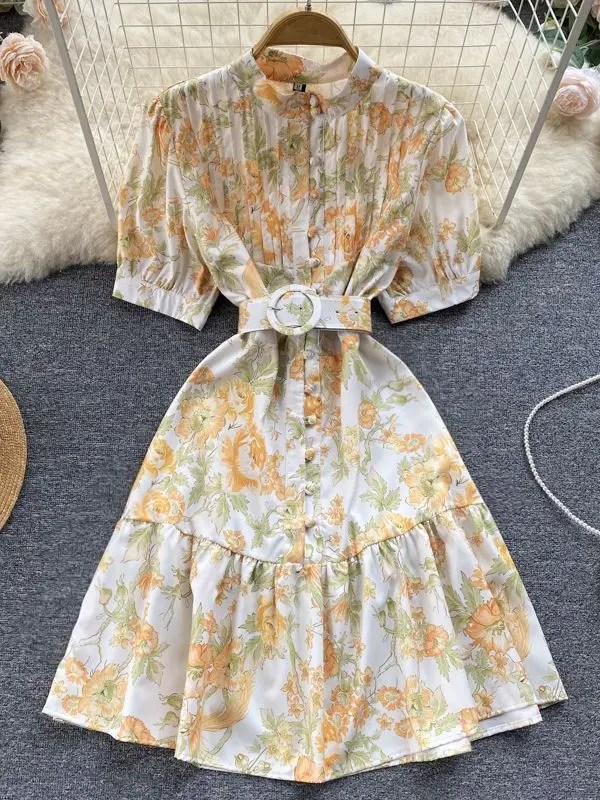 

Summer Runway Baroque Mini Dress Women Stand Collar Short Sleeve Buttons Flower Print Elegant Sashes Party Vestidos S7010
