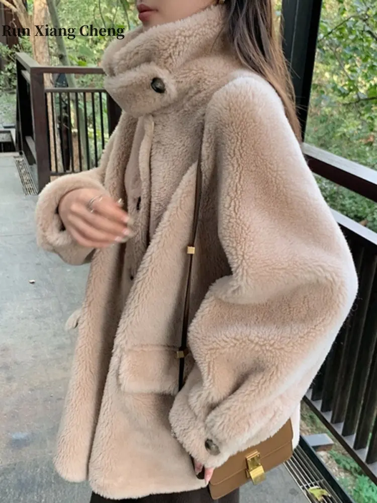Women's Winter Lambhair Jacket 2023 New Fur Plush Coat Elegant Women's Lamb Fur Luxury Designer Mid-length Stand Up Collar Thick
